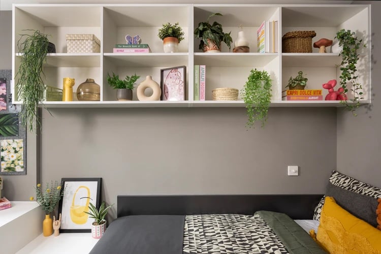 Shelves with plants and decor above a bed bedroom interior at Salisbury court in Edinburgh Student Accommodation