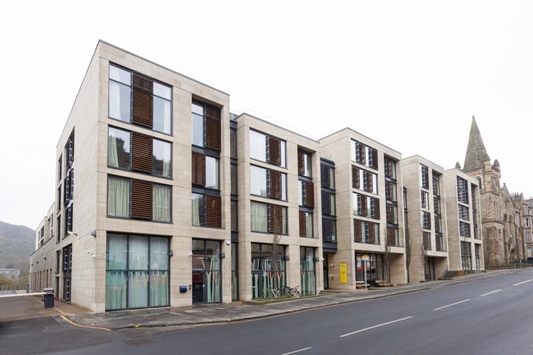Modern apartments with large windows and shutters exterior at Salisbury court in Edinburgh Student Accommodation