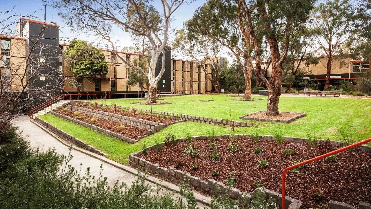 Terraced gardens and green lawn exterior at La Trobe University - Menzies College in Melbourne Student Accommodation