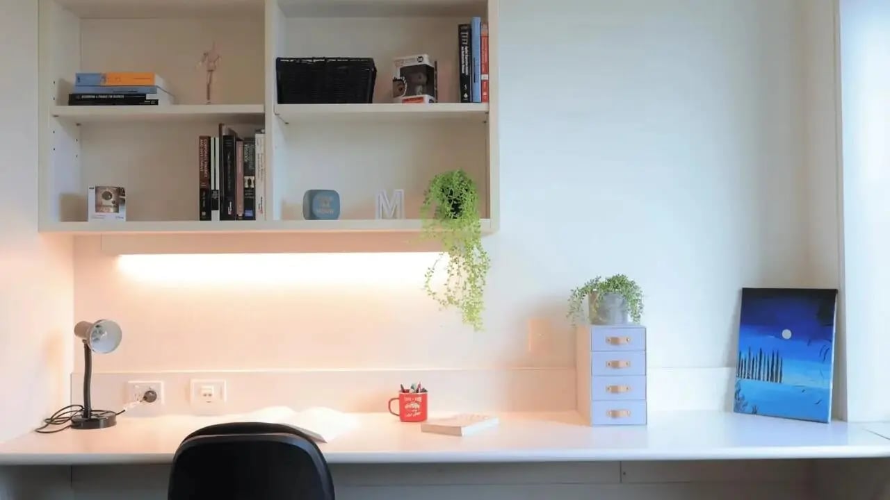 Desk lamp books plants painting study area at La Trobe University - McFarlane's Hill Residences in Wodonga Student Accommodation