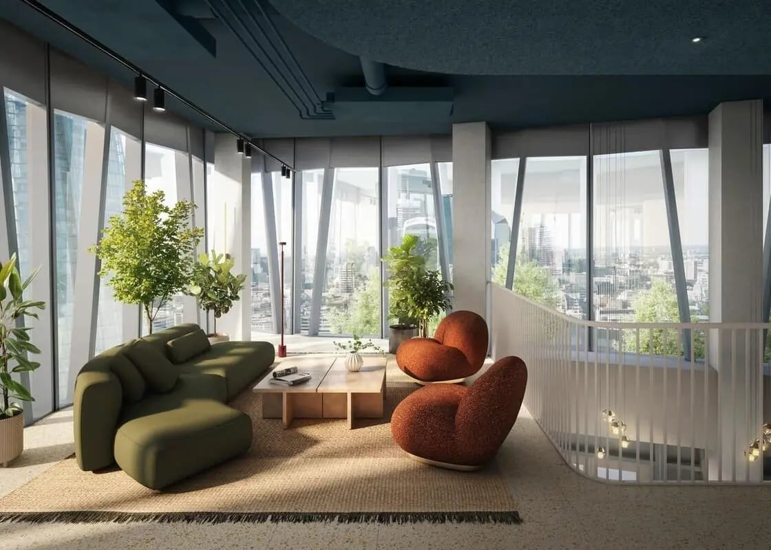 Green sofa, chairs, coffee table, plants, living room at Chapter London Bridge in London Student Accommodation