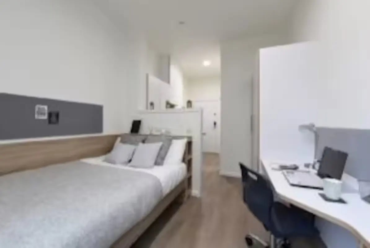Bed desk and wardrobe bedroom at St Mungo's in Glasgow Student Accommodation