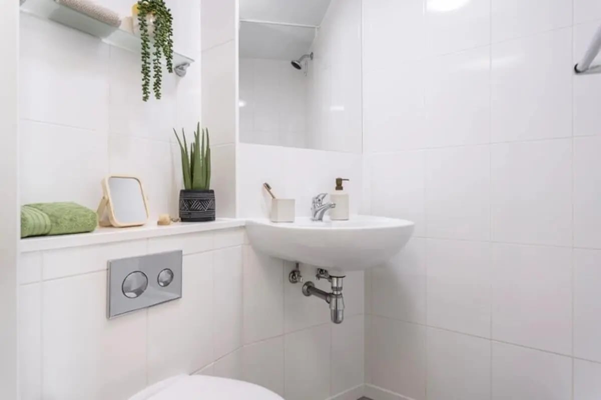Sink toilet mirror shelving plant bathroom at Wellington St Plaza in Newcastle Upon Tyne Student Accommodation