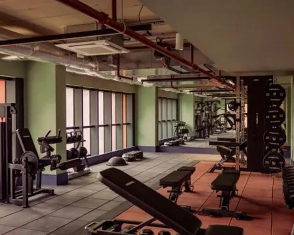 Gym equipment weight racks and benches gym at Scape Hammersmith in London Student Accommodation