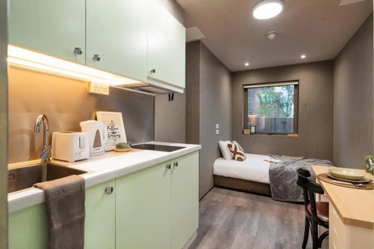 Kitchenette sink kettle toaster bed desk Bedroom at The Stay Club North Acton in London Student Accommodation
