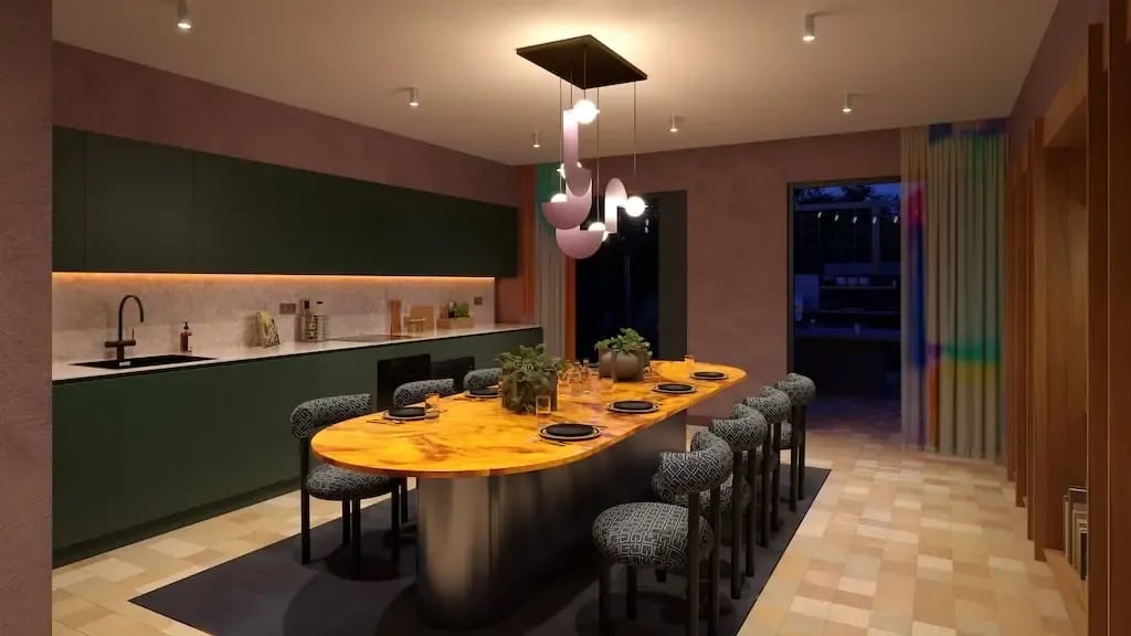Modern kitchen with dining table and chairs at Ironworks House in London Student Accommodation