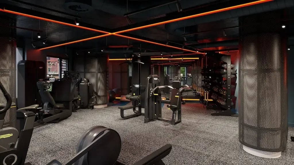 Gym equipment rack and machines playing area at Ironworks House in London Student Accommodation