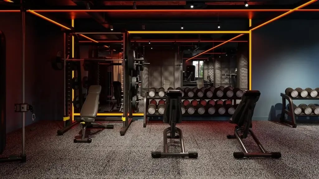 Dumbbells weight rack and benches gym at Ironworks House in London Student Accommodation