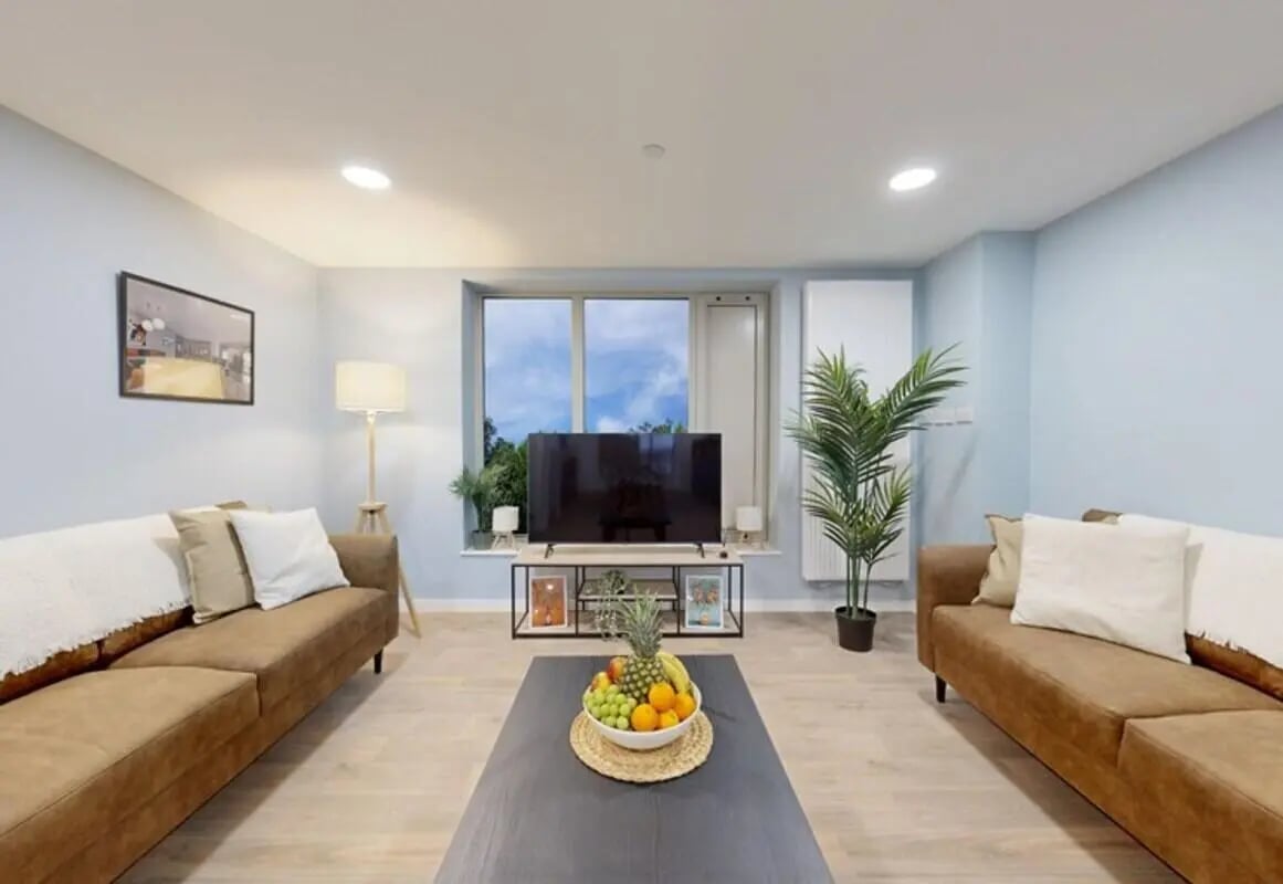 Two brown sofas television fruit bowl living room at Brigg Point in Bristol Student Accommodation