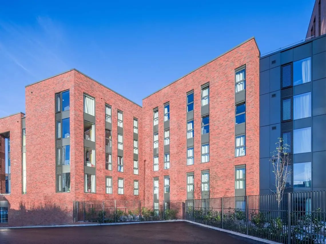 Red brick student accommodation building exterior exterior at Yugo Bentley House in Birmingham Student Accommodation