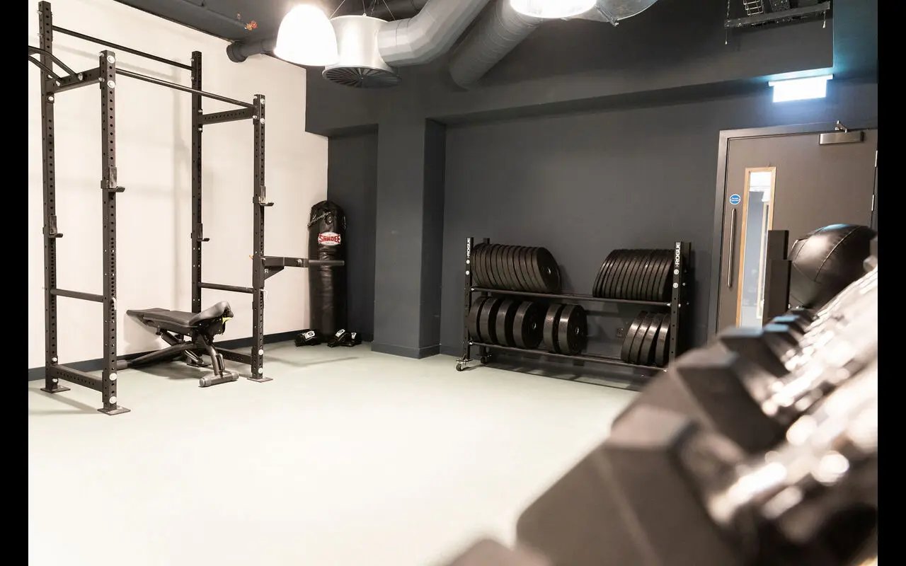 Weight rack punching bag and bench Gym area at Martha Street Apartments in Glasgow Student Accommodation