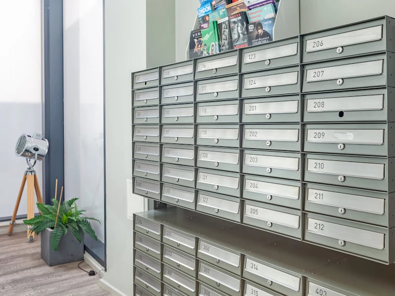 Mailboxes with numbers and plant interior area at Academic House in London Student Accommodation