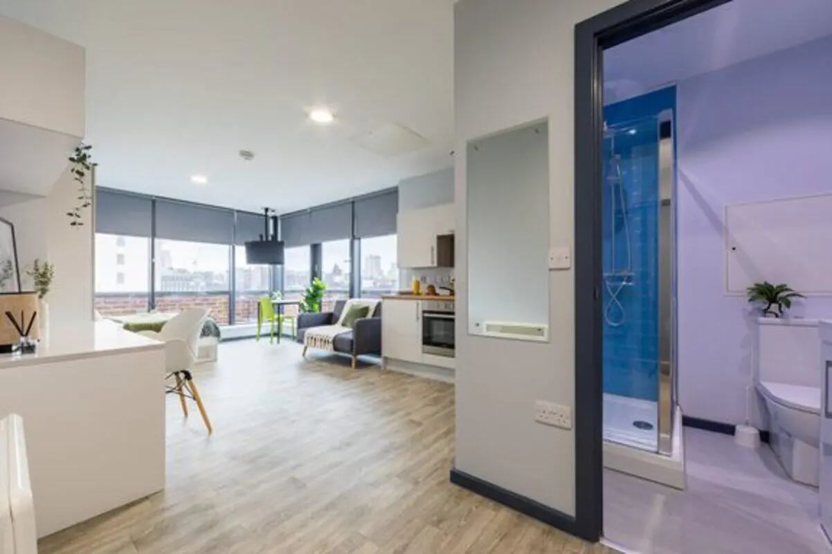 Studio apartment with kitchen sofa bed bathroom exterior at dwell Archer House in Nottingham Student Accommodation