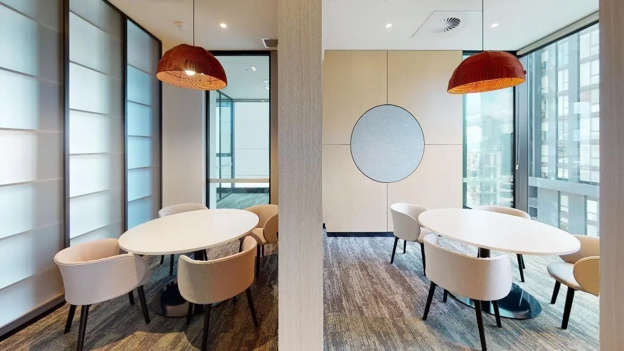 Tables chairs pendant lights study area at Unilodge Melbourne City in Melbourne Student Accommodation