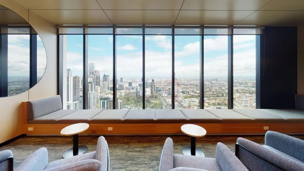 Modern lounge area with panoramic city view living room at Unilodge Melbourne City in Melbourne Student Accommodation