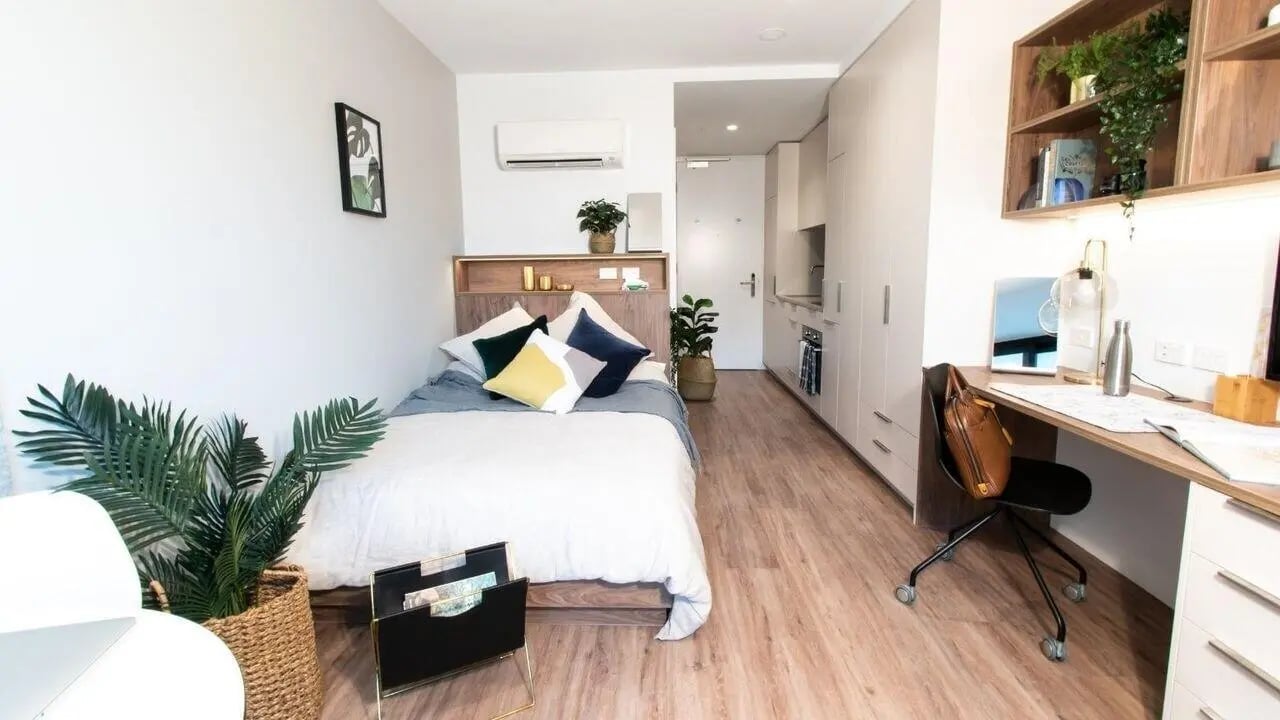 Bed desk plants kitchen area studio apartment at UniLodge Park Avenue in Melbourne Student Accommodation