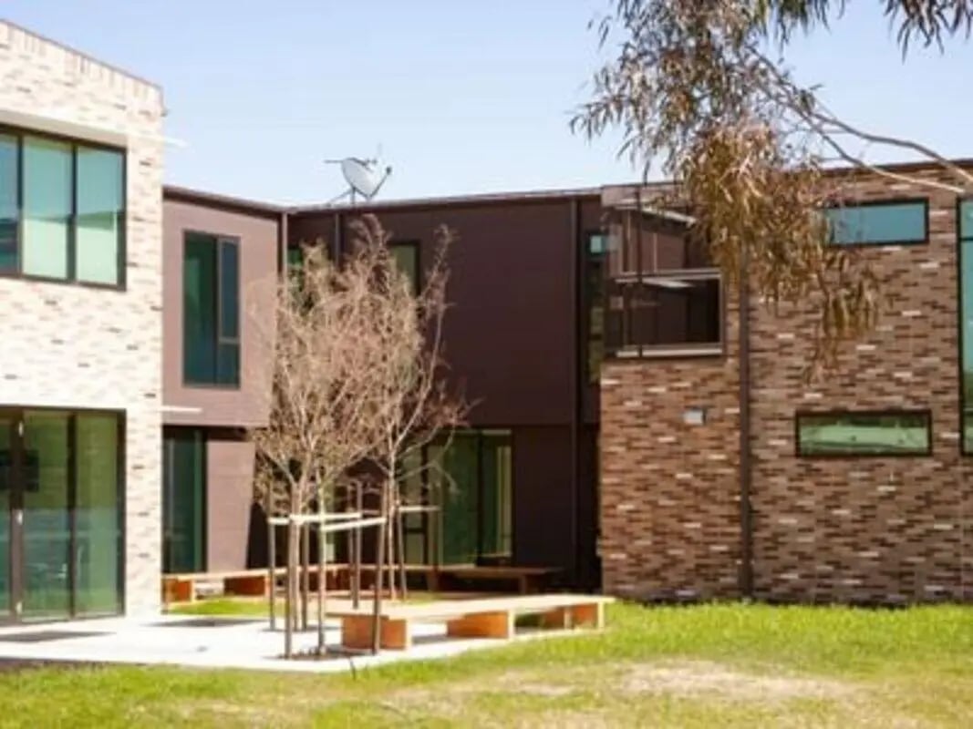 Modern buildings with outdoor seating exterior at La Trobe University - McFarlane's Hill Residences in Wodonga Student Accommodation