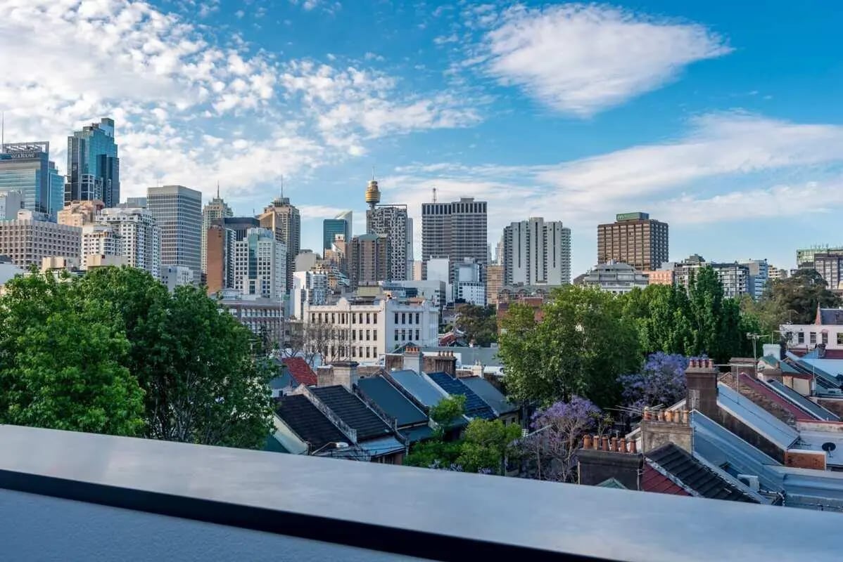 Rooftop view of cityscape and buildings exterior at UKO Surry Hills in Sydney Student Accommodation