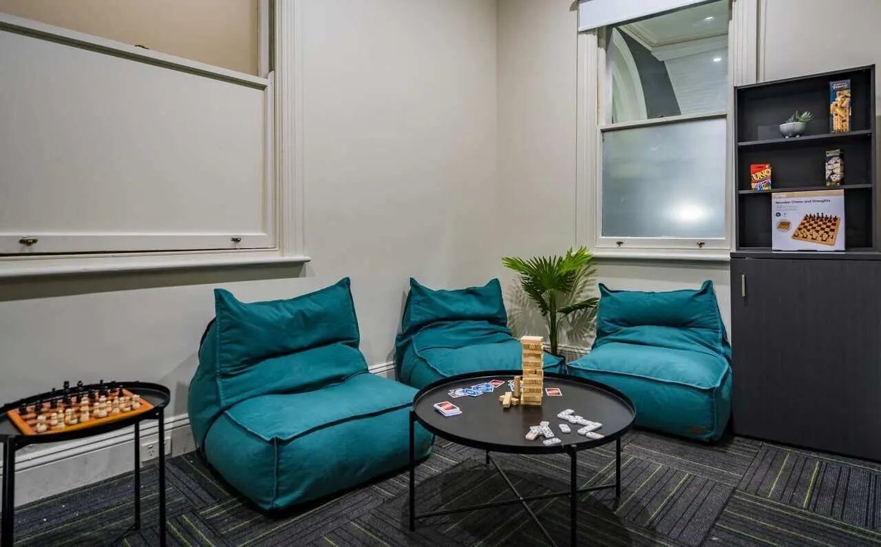 Beanbags chess Jenga table games common room at ume Haymarket in Sydney Student Accommodation
