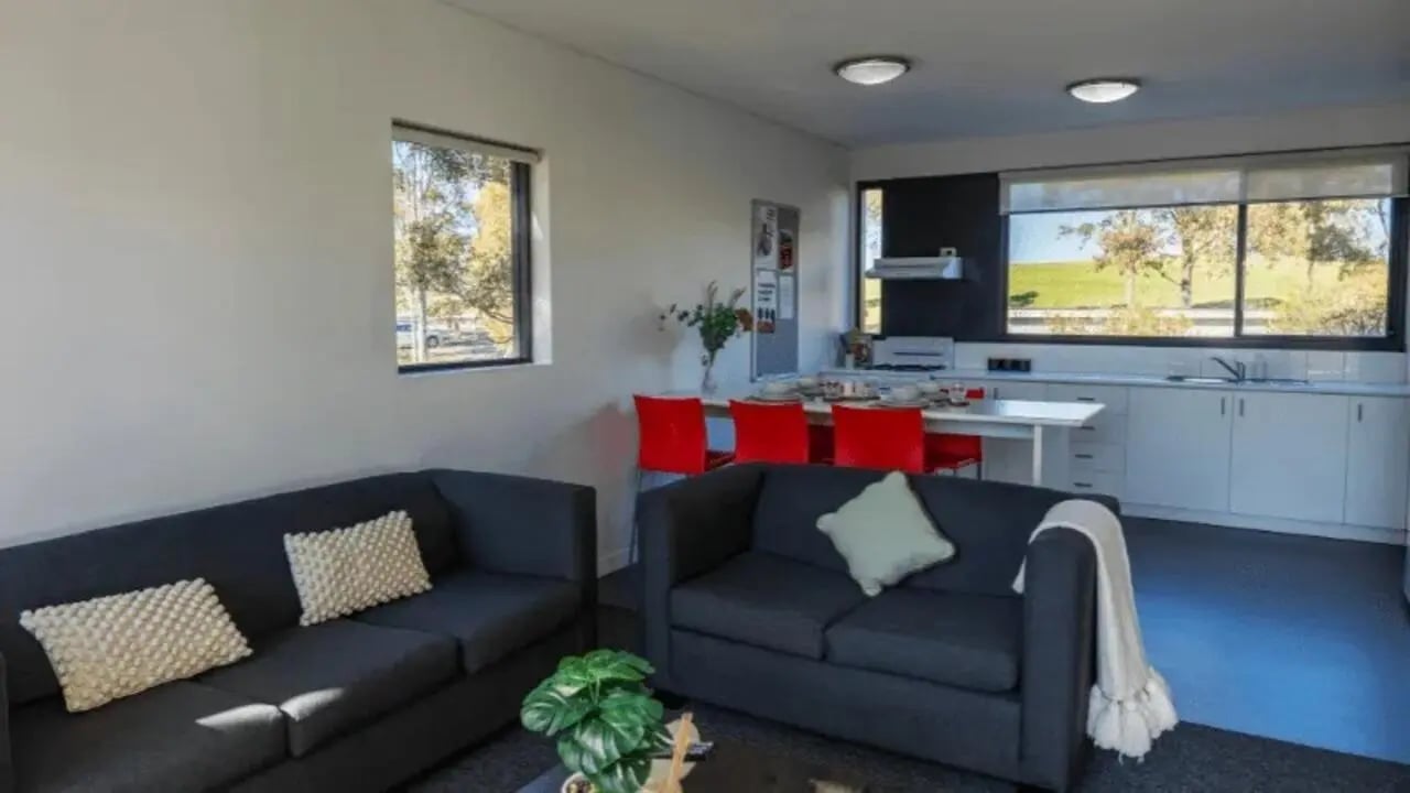 Two sofas kitchen area and dining table living room at Western Sydney University Campbelltown Village in Sydney Student Accommodation
