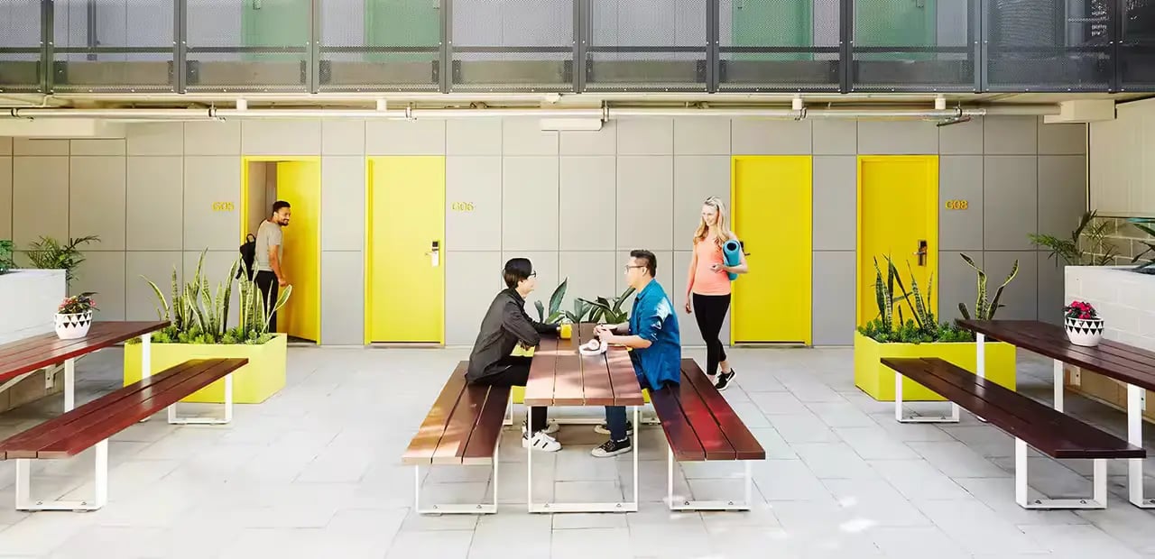 Picnic tables with people yellow doors exterior at Scape Abercrombie in Sydney Student Accommodation