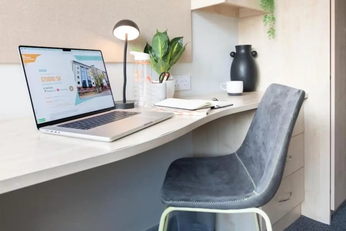 Laptop desk lamp plant chair study area at Studio 58 in Bristol Student Accommodation