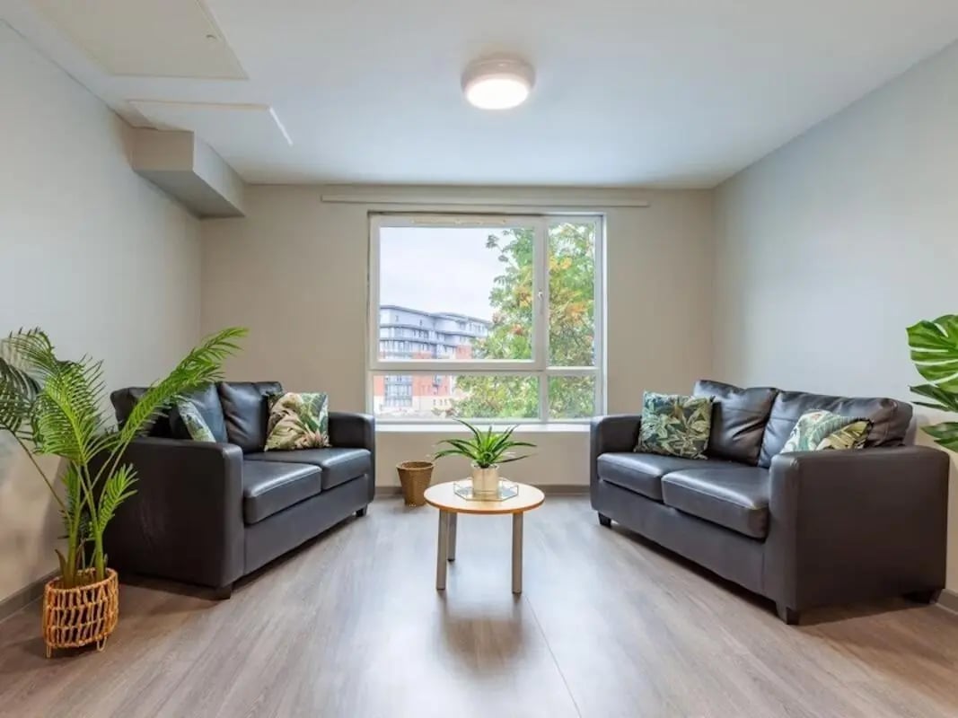 Two black sofas near window with plants living room at Filbert Village in Leicester Student Accommodation