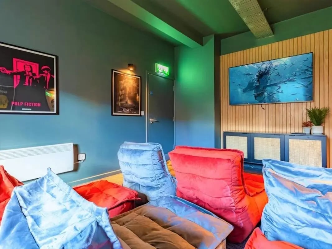 Beanbag chairs and movie posters in lounge at Filbert Village in Leicester Student Accommodation