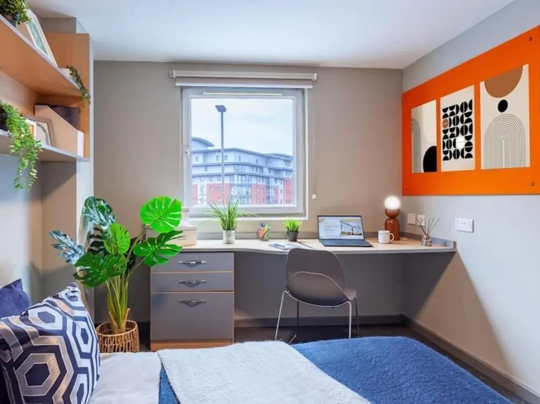 Desk laptop chair plants shelving study area at Filbert Village in Leicester Student Accommodation