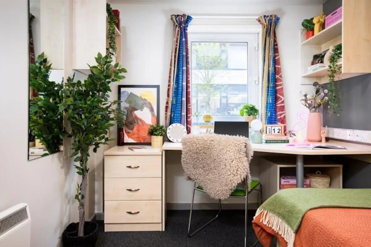 Desk with chair artwork plant and bed Study Area at Newarke Point in Leicester Student Accommodation