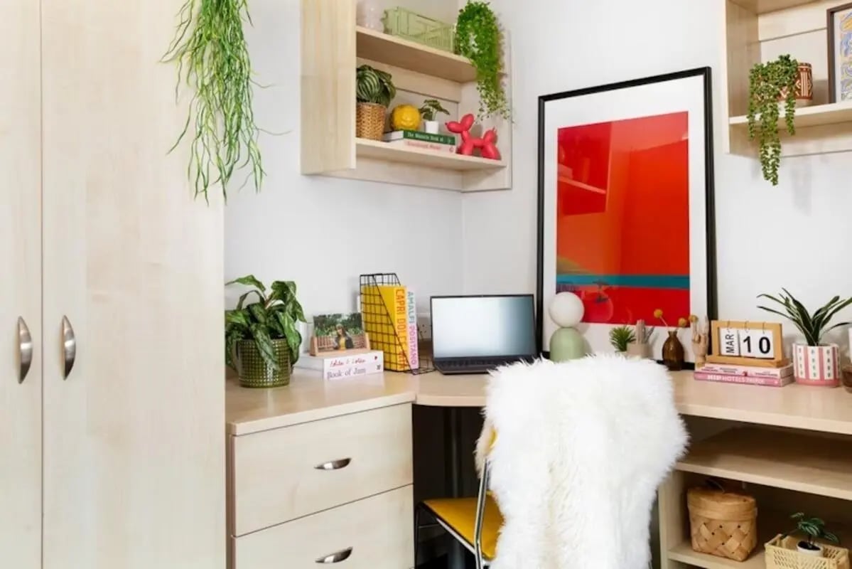 Desk with plants laptop and art study area at Newarke Point in Leicester Student Accommodation