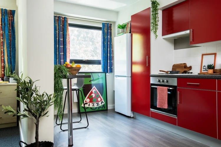 Red cabinets white fridge pizza poster kitchen at Rahere Court in London Student Accommodation