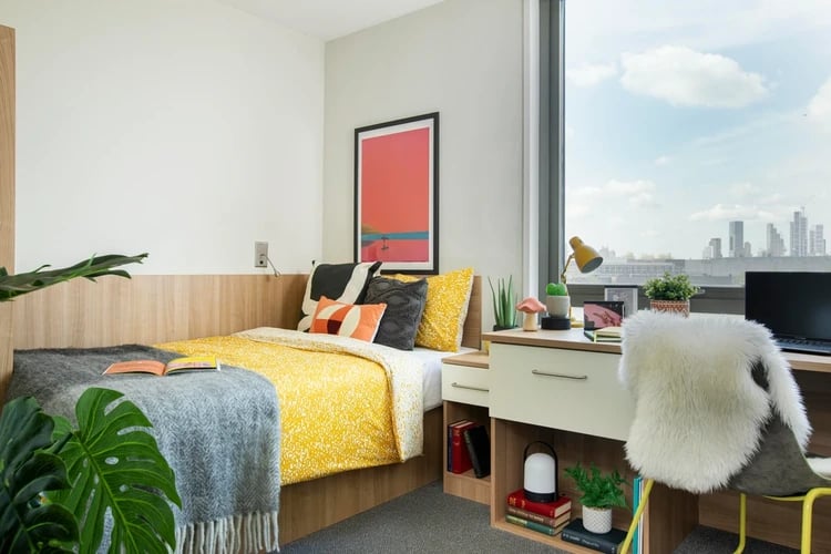 Bed desk chair plants cityscape bedroom study area at Wellington Lodge in London Student Accommodation