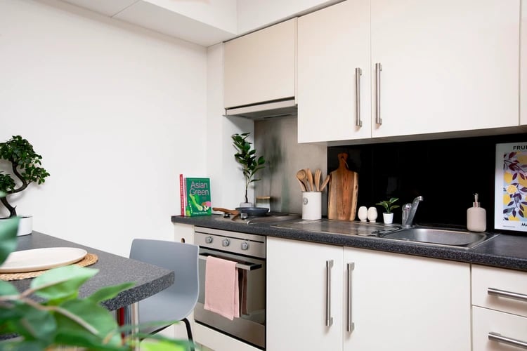 Countertop sink stove cabinets cutting board kitchen at Wellington Lodge in London Student Accommodation
