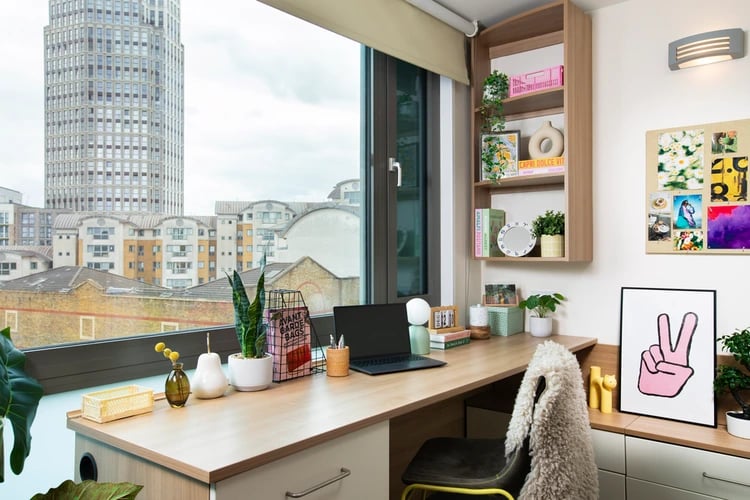 Desk with laptop plants and city view study area at Wellington Lodge in London Student Accommodation