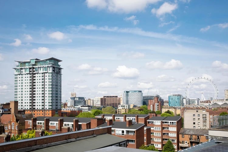 Tall building city skyline with London Eye exterior at Wellington Lodge in London Student Accommodation