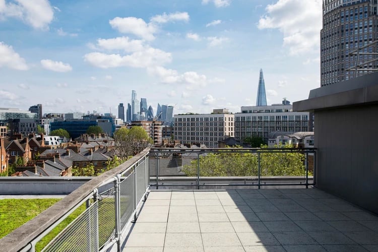 Rooftop patio with city skyline view exterior at Wellington Lodge in London Student Accommodation