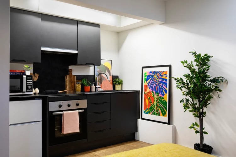 Modern black kitchen with microwave oven and art kitchen at Piccadilly Court in London Student Accommodation