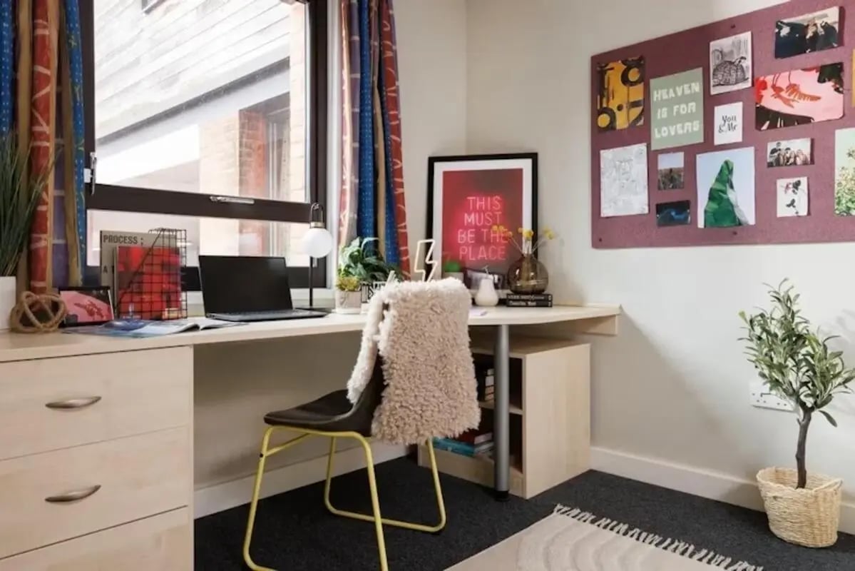 Desk with laptop chair plants and bulletin board study area at The Anvil in Sheffield Student Accommodation