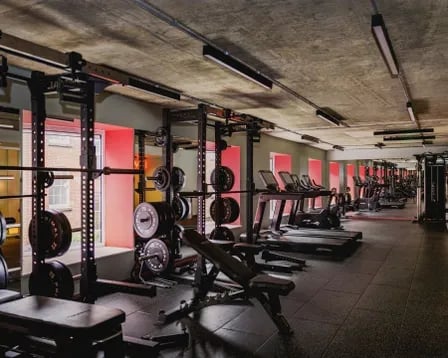 Weight racks treadmills and benches gym area at Scape Shoreditch in London Student Accommodation