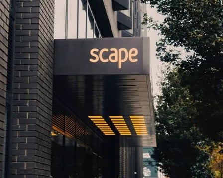 Scape sign on brick building exterior at Scape Shoreditch in London Student Accommodation