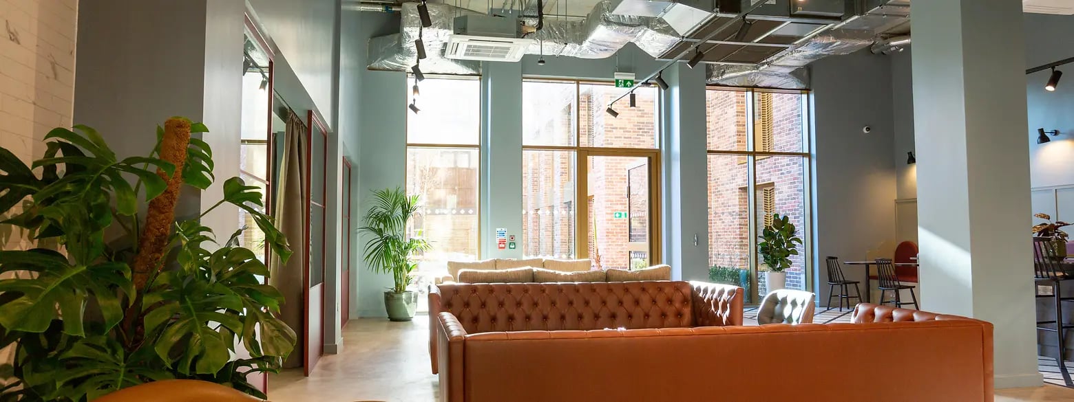 Chesterfield sofas large plants and windows living room at The Valentine London in London Student Accommodation