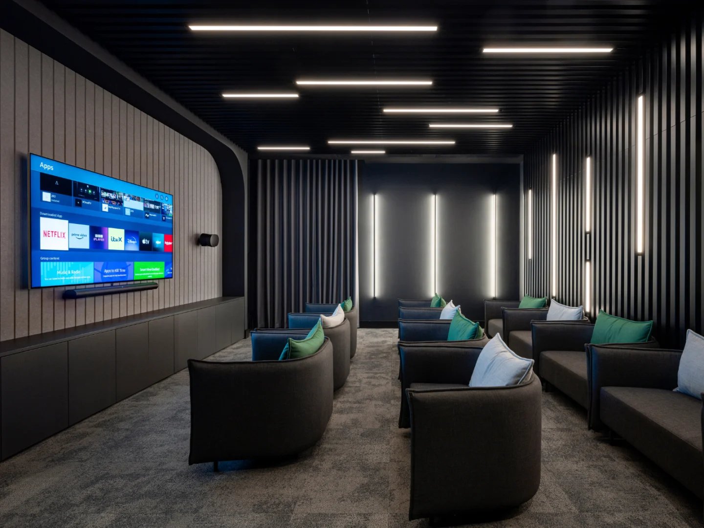 Modern lounge with large TV and seating area at Spring Mews in London Student Accommodation