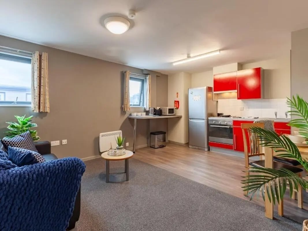 Sofa fridge stove red cabinets kitchen living room at Crown House - Reading in Reading Student Accommodation