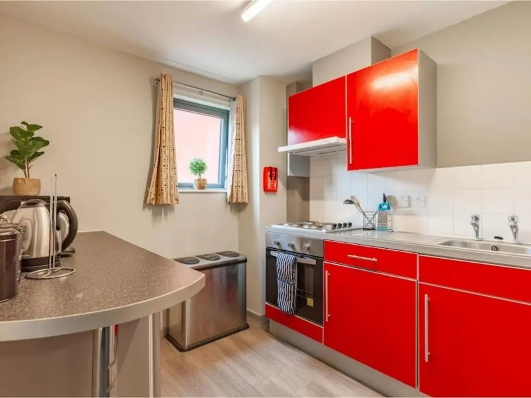 Red cabinets kettle oven sink and bin kitchen at Crown House - Reading in Reading Student Accommodation