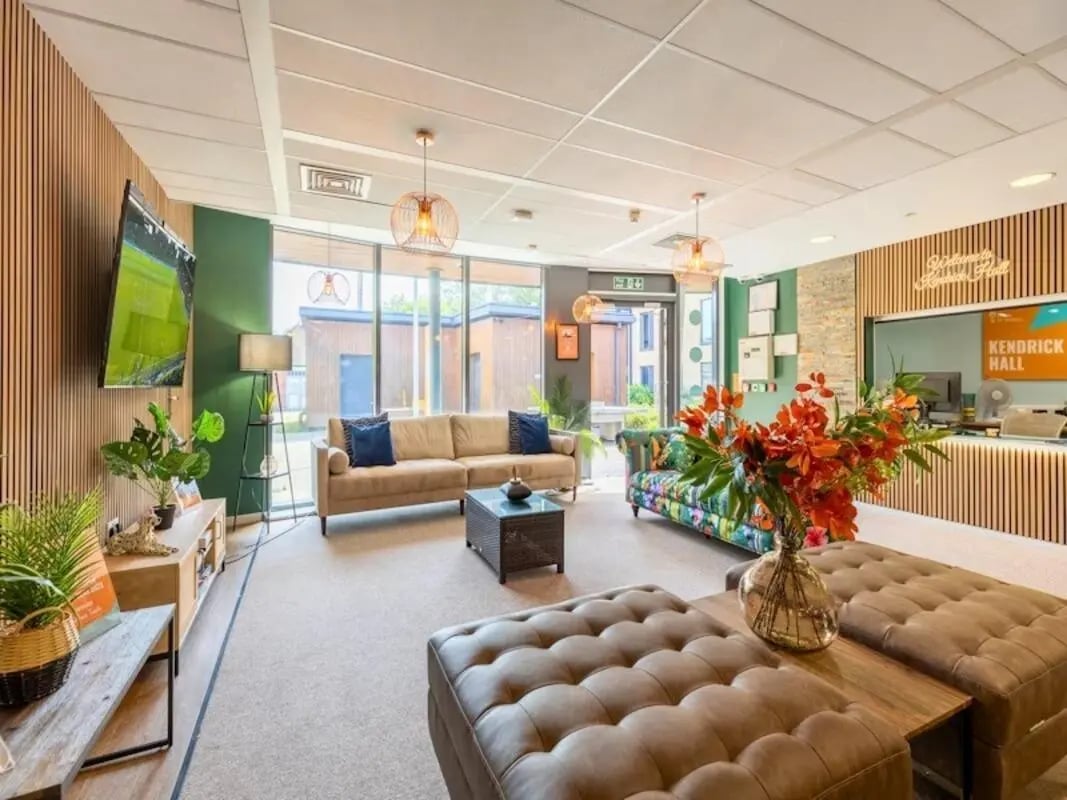 Sofas television coffee table ottomans lounge at Kendrick Hall in Reading Student Accommodation