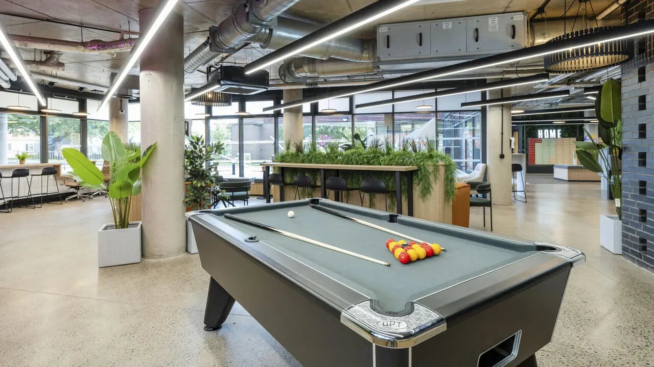 Pool table cues balls and bar area Image Type at The Printworks in Exeter Student Accommodation
