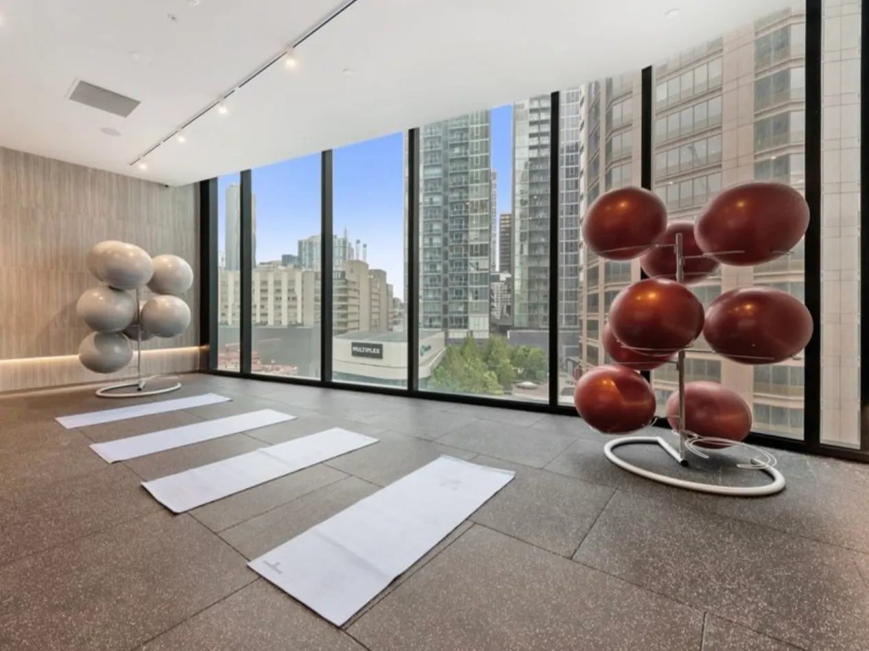 Yoga mats medicine balls gym area at Belong Melbourne CBD in Melbourne Student Accommodation
