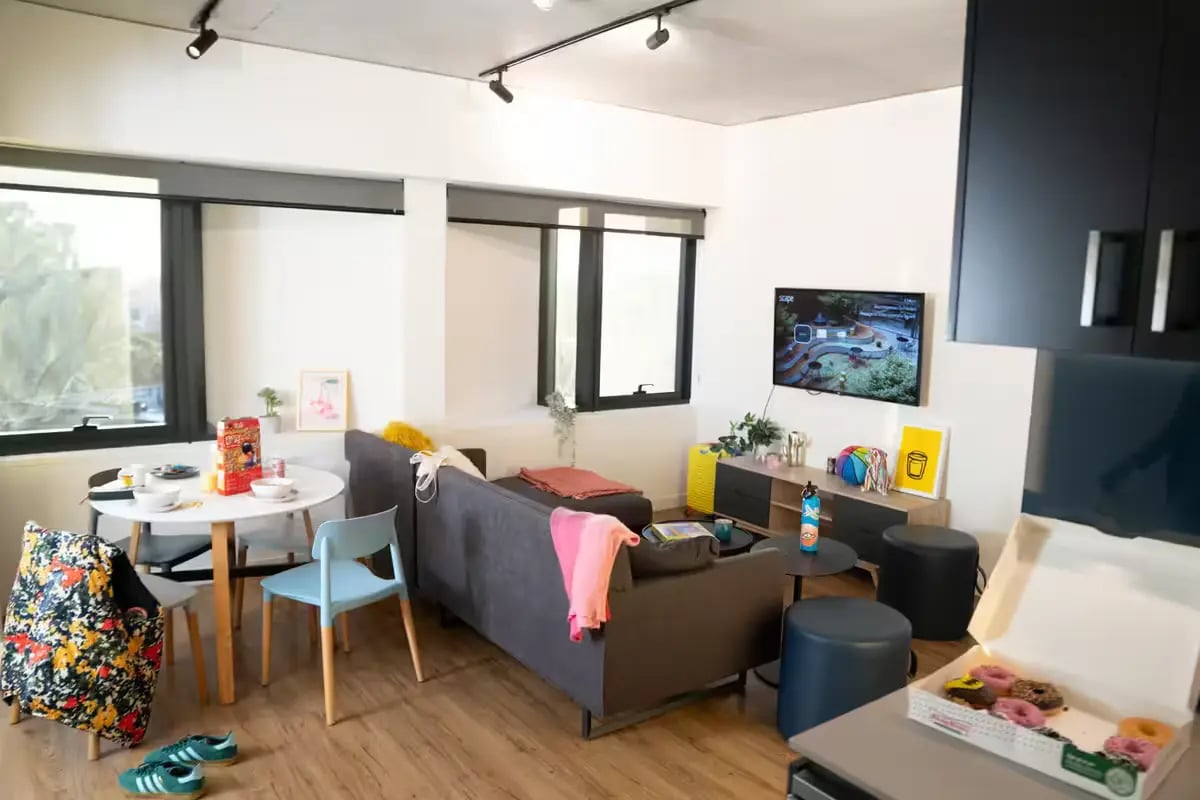 Sofa television dining table and donuts living room at Scape Carlton in Melbourne Student Accommodation