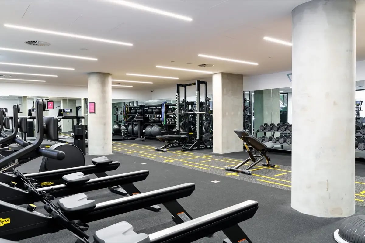 Rowing machines weights rack exercise machines Gym at The Switch Melbourne Victoria Market in Melbourne Student Accommodation